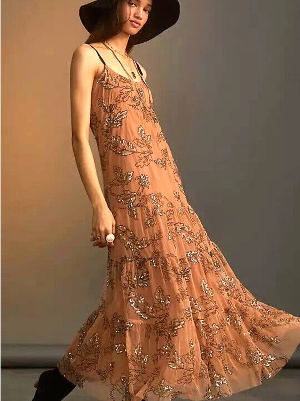 NEW Anthropologie Sequined Tulle Floral Embroidered Tiered Maxi Dress Boho Fancy